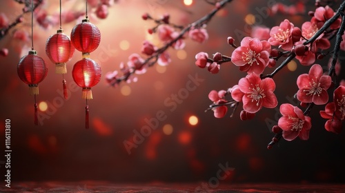 Decorative red lanterns and blossoms create festive atmosphere for celebration