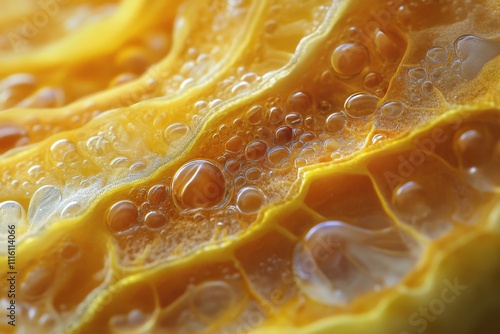 Close up of yellow and orange textures with bubbles and moisture in abstract ...