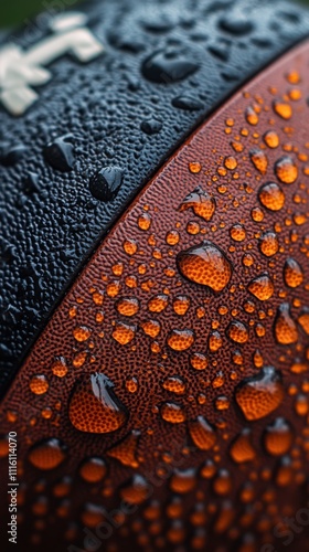 Close up of a wet basketball showing detailed droplets and texture after a rain