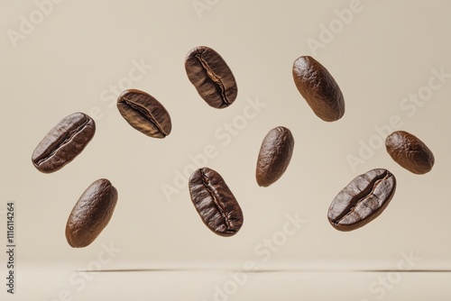 Floating coffee beans captured in mid air showcasing their rich texture and c...