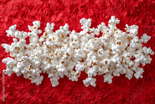 Popped corn scattered on a vibrant red surface creates a playful and inviting...