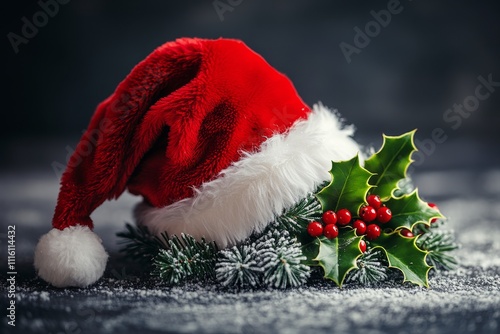 Christmas hat with holly leaves and red berries on a snowy surface