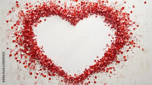 A heart-shaped frame formed by tiny red confetti on a white background, leaving the center empty for text. photo