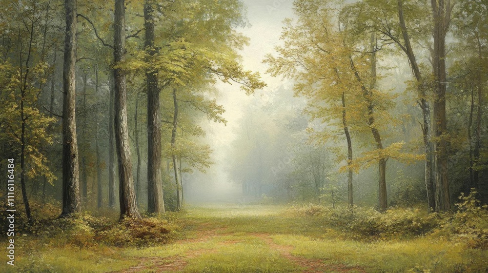 A serene forest path surrounded by trees in autumn hues. A serene forest path surrounded by trees in autumn hues.