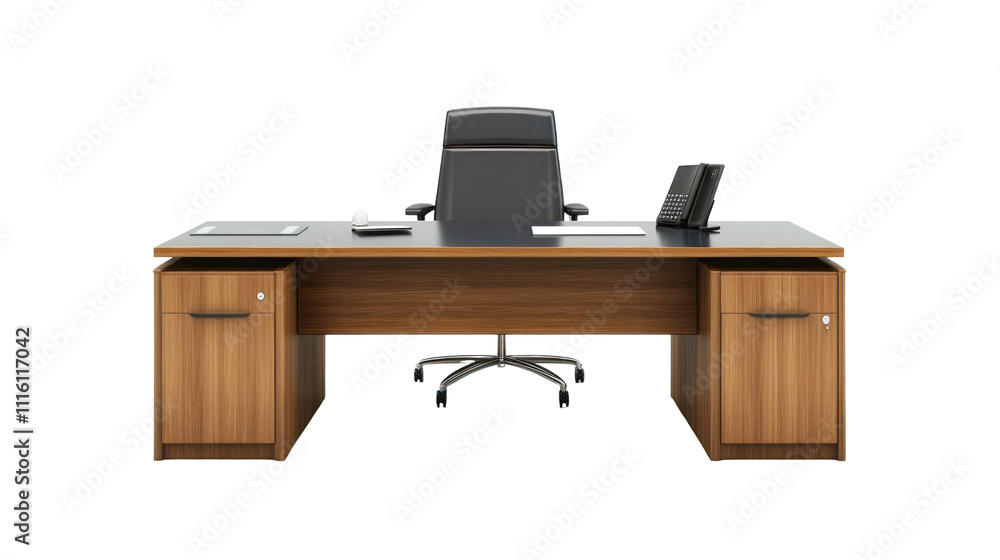 A modern office desk with a comfortable chair, notepad, pen, and phone, designed for a professional workspace. A modern office desk with a comfortable chair, notepad, pen, and phone, designed for a professional workspace.