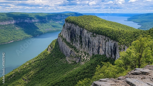 Lush green hillsides overlooking a calm blue lake under a cloudy sky showcasing natural beauty and scenic landscapes photo