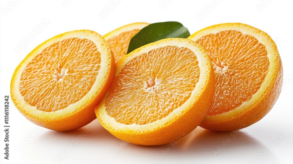 Fototapeta premium Fresh orange slices showcasing vibrant color and texture on a clean white background ideal for food and beverage related designs.