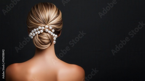 Elegant braided updo with soft tendrils for a young bride, adorned with pearls, isolated, hair young bride, charming and classic