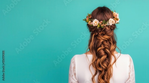 Young bride with a braided halfup hairstyle, adorned with small floral clips, isolated, hair young bride, charming bridal style photo