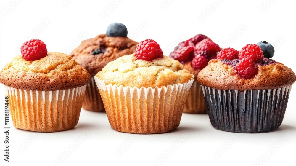 Freshly baked muffins with raspberries and blueberries arranged on a clean white background showcasing their delightful textures and colors. Freshly baked muffins with raspberries and blueberries arranged on a clean white background showcasing their delightful textures and colors.