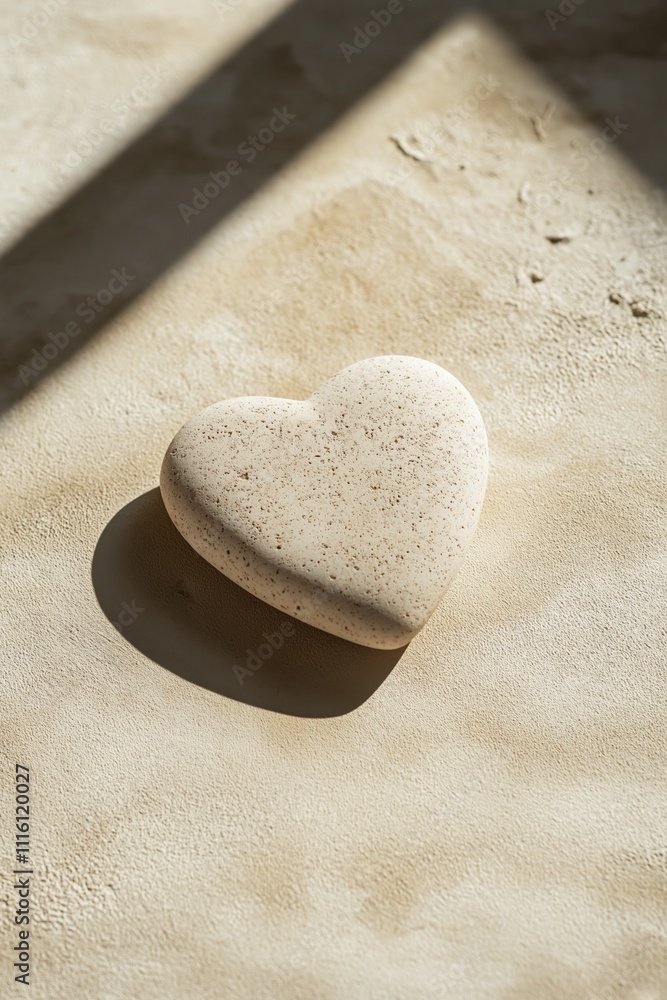 Fototapeta premium Heart-shaped stone on a sandy textured surface, illuminated by warm sunlight, nature-inspired romantic theme, vertical composition for social media, copy space, selective focus