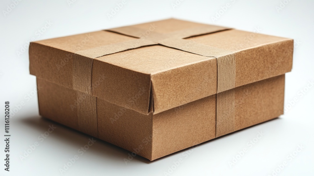 Brown cardboard gift box with natural twine tied neatly on a clean white background for packaging and shipping concepts Brown cardboard gift box with natural twine tied neatly on a clean white background for packaging and shipping concepts