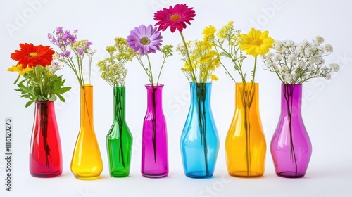 Vibrant artificial flowers arranged in colorful glass vases on a clean white background, featuring a variety of floral species and bright colors, home dÃƒÂ©cor, decoration, cheerful ambiance. photo