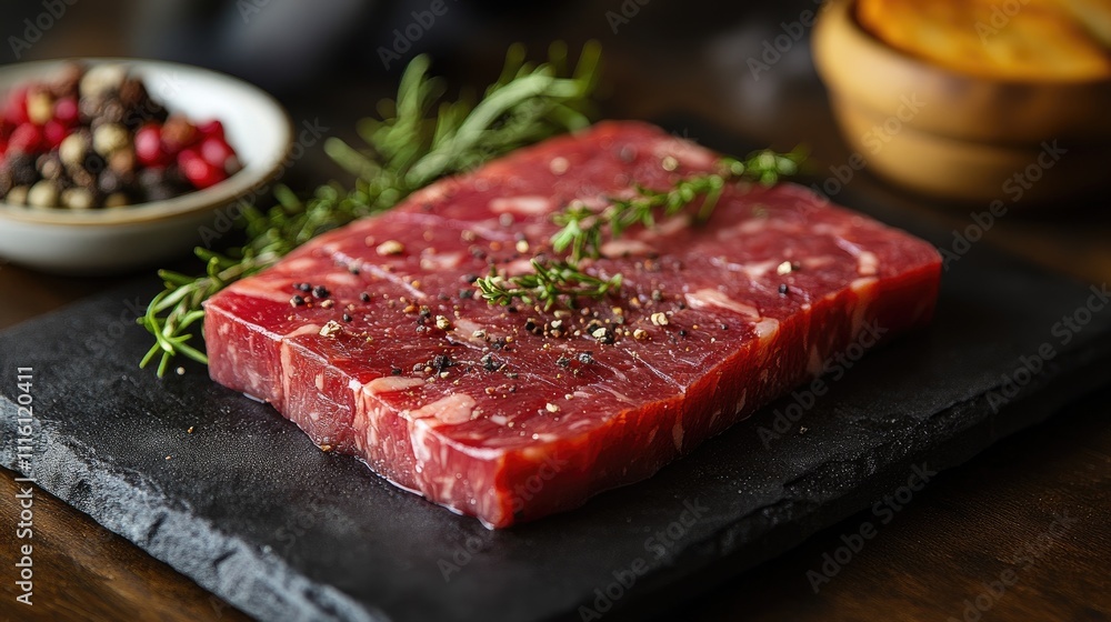 Cured beef steak garnished with fresh herbs and spices on dark stone background Cured beef steak garnished with fresh herbs and spices on dark stone background