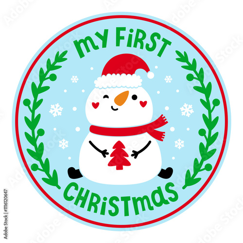 My First Christmas door sign. Snowman with Santa Hat and snowflakes,tree. Cute character. Vector illustration. Holiday symbols. For postcard, window,wall decoration, door hanger.