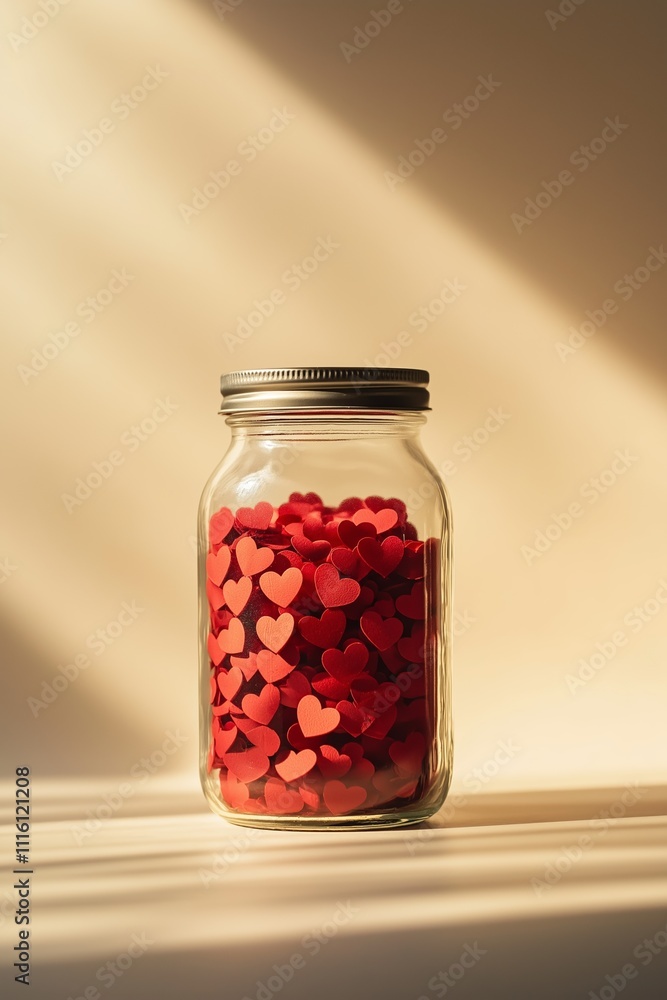 Glass jar filled with red heart-shaped decorations, lit by warm sunlight on a textured surface, cozy romantic concept, vertical composition for social media, copy space, selective focus
Glass jar filled with red heart-shaped decorations, lit by warm sunlight on a textured surface, cozy romantic concept, vertical composition for social media, copy space, selective focus