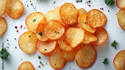 Assorted crispy potato chips arranged on a white background with herbs and spices in a bird's eye view flat lay composition photo