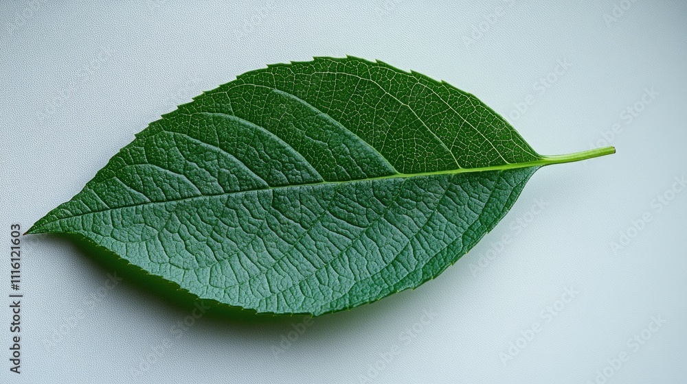 Obraz premium Fresh green leaf on a clean white background showcasing intricate textures and natural beauty for botanical or design use