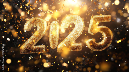 2025 Happy New Year greeting card vector illustration. 2025 gold numbers with golden falling confetti decoration and glow light effect, festive sparkle of tinsel texture in holiday design background. photo