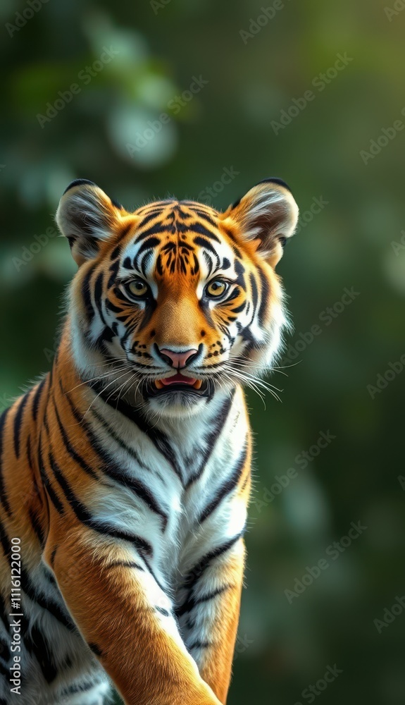 Fototapeta premium Majestic tiger resting in a lush, green environment during a serene afternoon