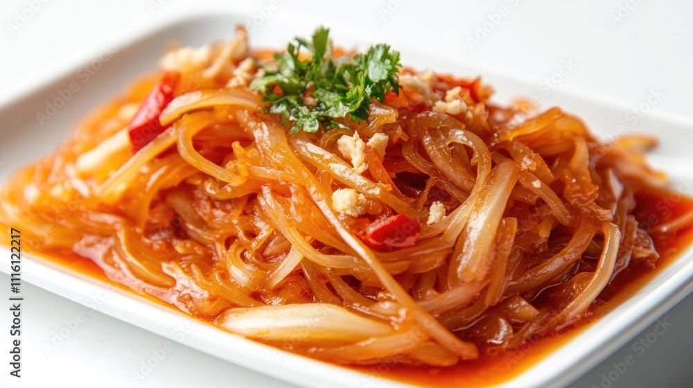 Fried cabbage garnished with herbs and chili served on a white plate showcasing delicious Thai cuisine and vibrant colors. Fried cabbage garnished with herbs and chili served on a white plate showcasing delicious Thai cuisine and vibrant colors.
