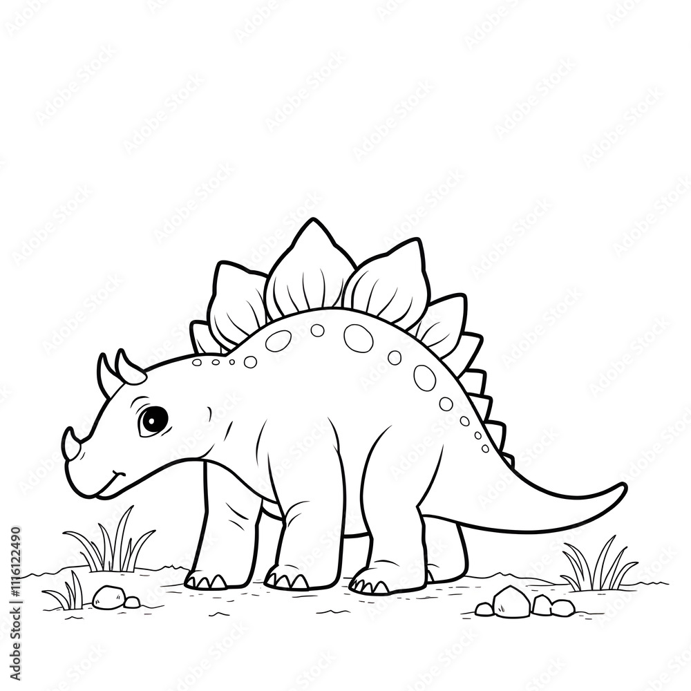 Fototapeta premium Adorable dinosaur coloring page, baby stegosaurus with large rounded plates on its back