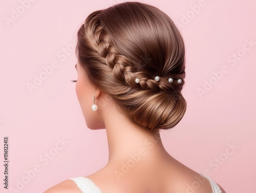 Young bride with a French braid into a soft updo, adorned with pearls, isolated, hair young bride, elegant wedding hairstyle photo