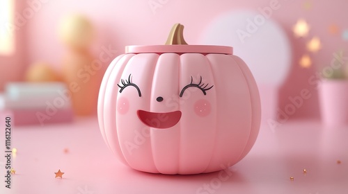 Pink pumpkin smiles playfully on pink background, cute style. photo