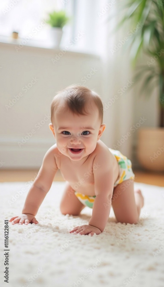 baby child playing, a happy child in a diaper crawling on a soft rug in a bright room, a healthy child smiling and looking at the camera baby child playing, a happy child in a diaper crawling on a soft rug in a bright room, a healthy child smiling and looking at the camera
