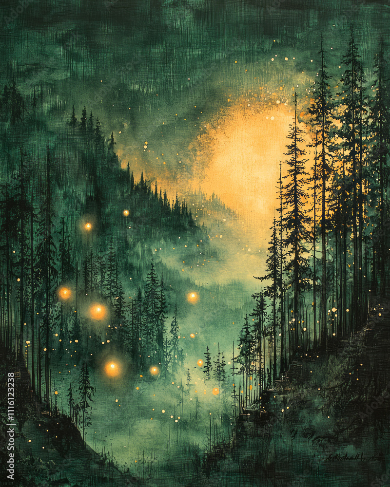 Fototapeta premium A rich forest green canvas with scattered, glowing orbs of light and soft, iridescent streaks that enhance the depth and elegance,