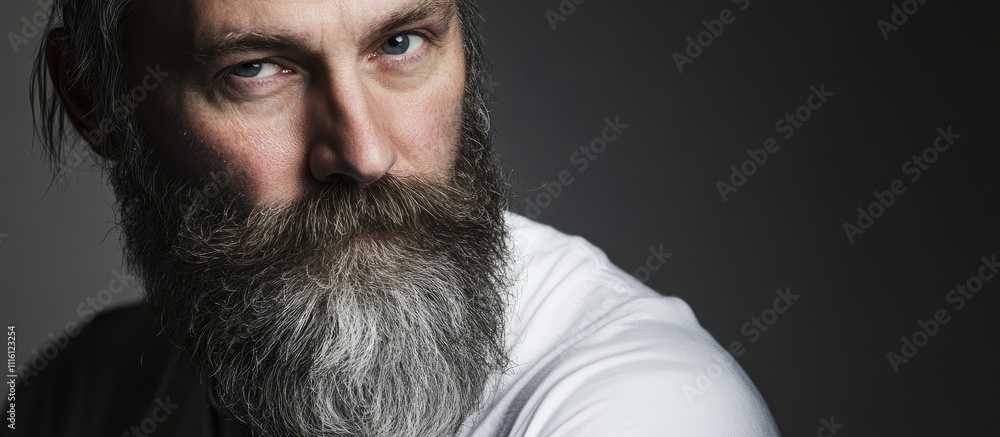 Portrait of a middle aged man with a distinguished beard captured in a professional studio setting highlighting his intense expression. Portrait of a middle aged man with a distinguished beard captured in a professional studio setting highlighting his intense expression.