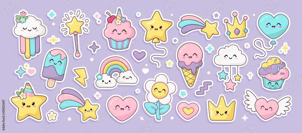 Obraz premium Kawaii stickers pack of rainbow, unicorn cupcake, cute ice cream, princess crown, cute baby desserts characters, magic wand. Hand drawn kawaii pattern for kids design, print fabric, childrens clothes