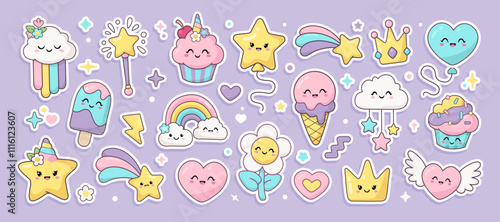Kawaii stickers pack of rainbow, unicorn cupcake, cute ice cream, princess crown, cute baby desserts characters, magic wand. Hand drawn kawaii pattern for kids design, print fabric, childrens clothes