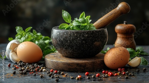 Mortar with fresh herbs eggs garlic and spices arranged on a dark table with empty space for text perfect for culinary themes and recipes photo