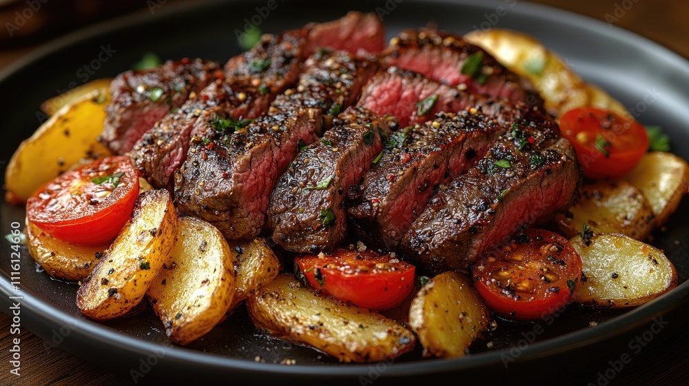 Delicious rare beef steak served on crispy potato chips with cherry tomatoes and herbs on a black plate isolated on a white background Delicious rare beef steak served on crispy potato chips with cherry tomatoes and herbs on a black plate isolated on a white background
