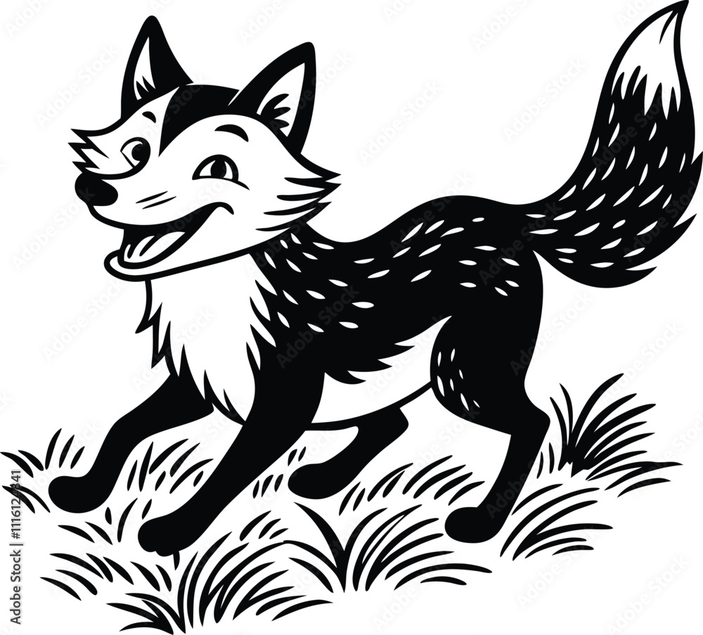 Obraz premium Black Silhouette of a Running Fox in Motion on White Background