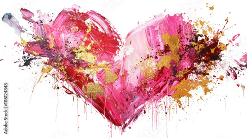 Pink and gold heart exploding with passion on transparent background