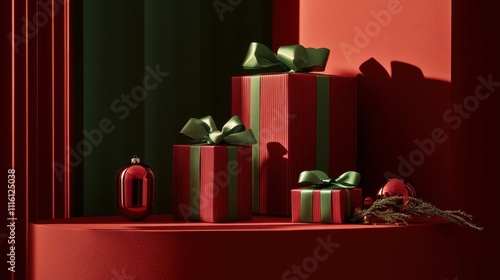 Elegant Christmas Gift Presentation Red and Green Theme Festive Season Holiday Presents Winter Celebration photo