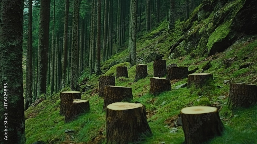 Fototapeta premium Sawn pine wood stumps scattered in a lush green forest with towering trees and moss-covered ground after logging activity.