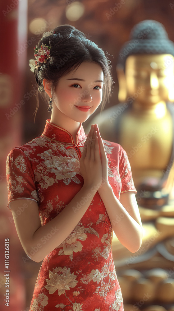 Obraz premium beautiful Chinese girl wearing cheongsam qipao dress china lunar new year spring festive