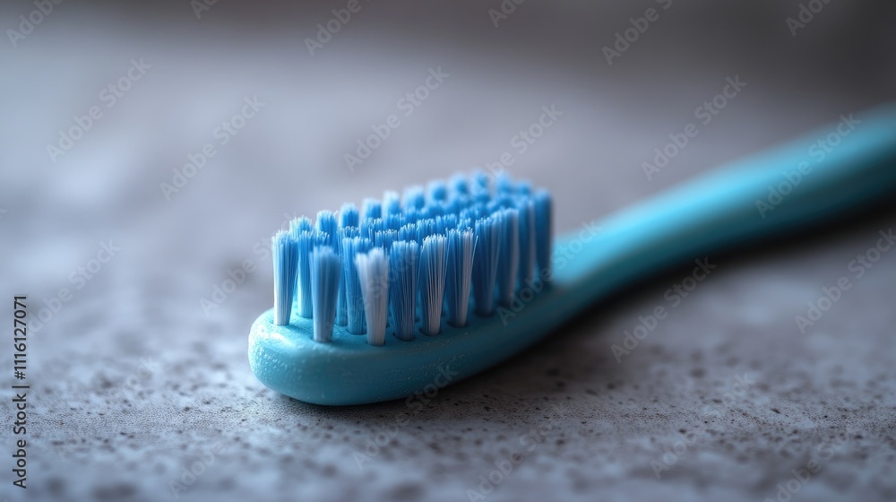Blue plastic toothbrush with soft bristles resting on a textured white surface ideal for dental health and hygiene concepts. Blue plastic toothbrush with soft bristles resting on a textured white surface ideal for dental health and hygiene concepts.