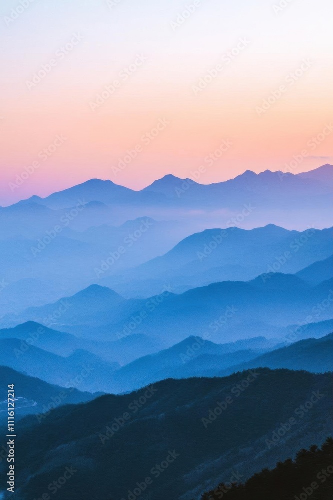 Fototapeta premium Serene mountain landscape at dusk, showcasing layers of hills and mist.