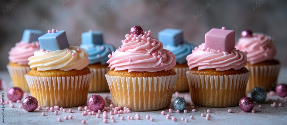 Gender reveal cupcakes decorated with pastel frosting gift boxes and colorful sprinkles on a textured white background Gender reveal cupcakes decorated with pastel frosting gift boxes and colorful sprinkles on a textured white background
