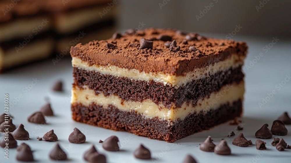 Chocolate puff cake brownie with layered texture and chocolate chips on a white background showcasing delicious dessert appeal Chocolate puff cake brownie with layered texture and chocolate chips on a white background showcasing delicious dessert appeal