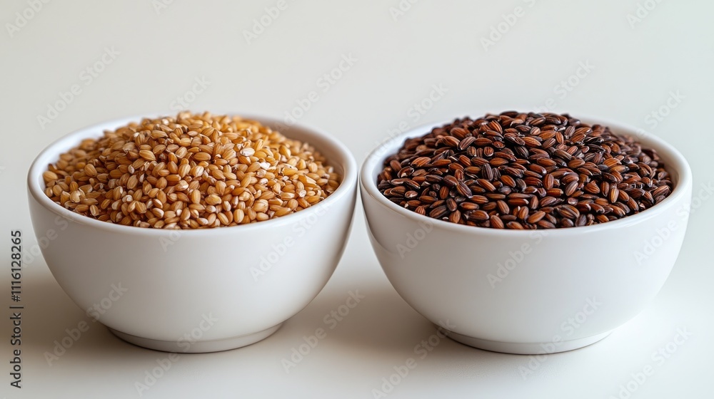 Buckwheat and rice grains displayed in two white bowls on a minimalistic white background, highlighting texture and color contrast, food, healthy eating, culinary ingredients. Buckwheat and rice grains displayed in two white bowls on a minimalistic white background, highlighting texture and color contrast, food, healthy eating, culinary ingredients.