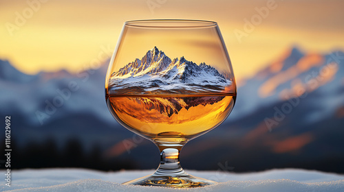 a glass of whiskey with a mountainous landscape reflecting in the liquid, set against a blurred background of a sunset or sunrise. photo