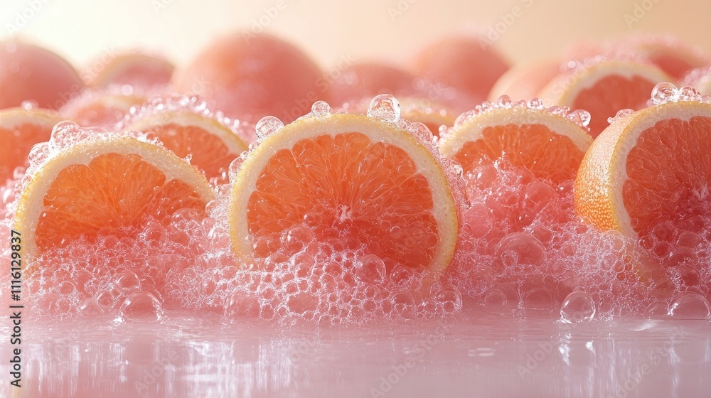 Fototapeta premium Close-up of fresh pomelo slices floating in bubbles against a soft white background, emphasizing vibrant colors and textures, food, healthy eating, refreshing, citrus.