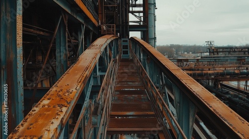 Rusty industrial walkway in an abandoned coal plant showcasing the decline of the rust belt region and its aging infrastructure. photo