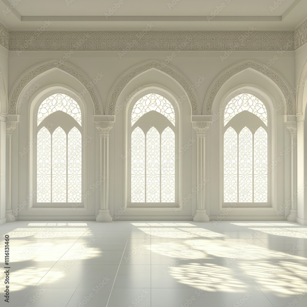 White Mosque Interior with Intricate Window Patterns White Mosque Interior with Intricate Window Patterns