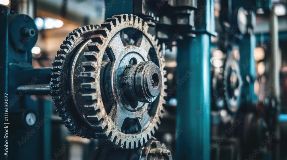 Fototapeta premium Old Rusty Cogs in Motion Illustrating Industrial Machinery and Heavy-Duty Equipment in a Vintage Workshop Setting